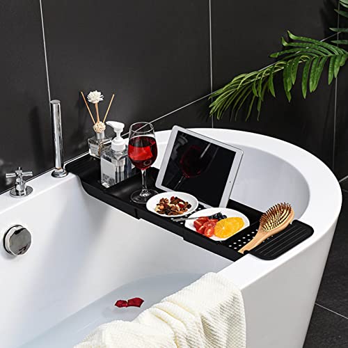 Bathtub Caddy Tray, Bathtub Accessories with Draining Design Breathable Without Moisture, Stable Placement, Can Hold Variety of Items, Expandable Plastic Bath Shelf (Black)