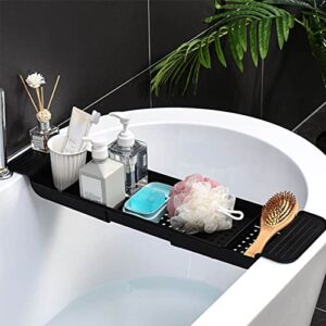 Bathtub Caddy Tray, Bathtub Accessories with Draining Design Breathable Without Moisture, Stable Placement, Can Hold Variety of Items, Expandable Plastic Bath Shelf (Black)