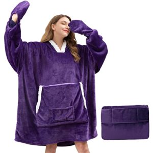 yescool wearable blanket hoodie,warm flannel giant hoodie blanket for women men and adult, cozy soft fleece hoodie blanket sweatshirt oversized lounging with sleeves & huge pockets (purple)