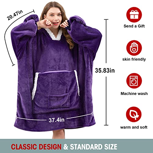 Yescool Wearable Blanket Hoodie,Warm Flannel Giant Hoodie Blanket for Women Men and Adult, Cozy Soft Fleece Hoodie Blanket Sweatshirt Oversized Lounging with Sleeves & Huge Pockets (Purple)