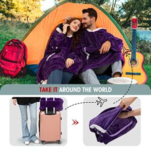 Yescool Wearable Blanket Hoodie,Warm Flannel Giant Hoodie Blanket for Women Men and Adult, Cozy Soft Fleece Hoodie Blanket Sweatshirt Oversized Lounging with Sleeves & Huge Pockets (Purple)