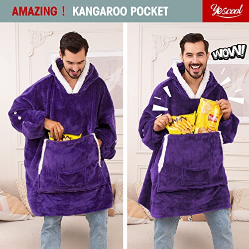 Yescool Wearable Blanket Hoodie,Warm Flannel Giant Hoodie Blanket for Women Men and Adult, Cozy Soft Fleece Hoodie Blanket Sweatshirt Oversized Lounging with Sleeves & Huge Pockets (Purple)