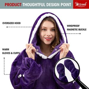 Yescool Wearable Blanket Hoodie,Warm Flannel Giant Hoodie Blanket for Women Men and Adult, Cozy Soft Fleece Hoodie Blanket Sweatshirt Oversized Lounging with Sleeves & Huge Pockets (Purple)