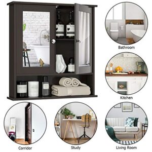 UJOYPAYD Wall Mount Medicine Cabinet Wood Wall Storage Cabinet with 2 Doors Shelf Wall Hanging Mirror Cabinet Organizer w/Adjustable Shelf for Bathroom,Living Room Kitchen (Brown)