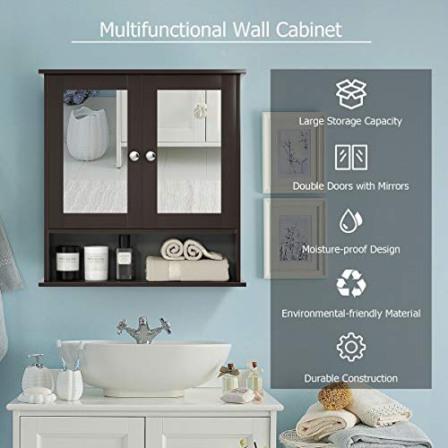 UJOYPAYD Wall Mount Medicine Cabinet Wood Wall Storage Cabinet with 2 Doors Shelf Wall Hanging Mirror Cabinet Organizer w/Adjustable Shelf for Bathroom,Living Room Kitchen (Brown)