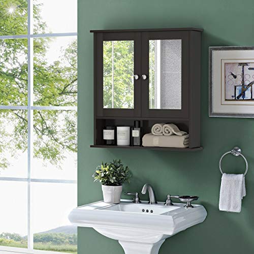 UJOYPAYD Wall Mount Medicine Cabinet Wood Wall Storage Cabinet with 2 Doors Shelf Wall Hanging Mirror Cabinet Organizer w/Adjustable Shelf for Bathroom,Living Room Kitchen (Brown)