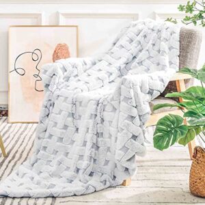 nexhome pro faux fur throw blanket, luxury soft rabbit warm fuzzy cozy fluffy feel fleece blankets for women checkboard 60"x 80",comfy ruched blanket for sofa couch bed dÉcor white grey