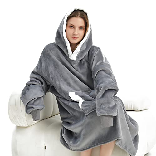 XYNHML Oversized Wearable Blanket Flannel Sherpa Fleece Giant Hoodie Blanket Light Grey Stitch Blanket Hoodie Sweatshirt Blanket with Sleeves and Giant Pocket