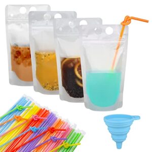100 pcs zipper plastic pouches drink bags,heavy duty hand-held translucent frosted reclosable stand-up bag 2.4" bottom gusset with 100pcs straws & funnel included