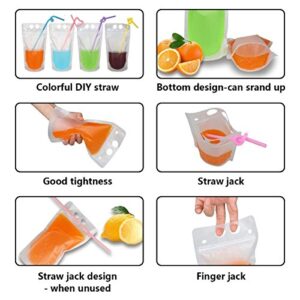 100 Pcs Zipper Plastic Pouches Drink Bags,Heavy Duty Hand-Held Translucent frosted Reclosable Stand-up Bag 2.4" Bottom Gusset with 100pcs Straws & Funnel Included