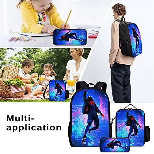 Vonpcaty 3Pcs Cool Cartoon Backpack with Lunch Bag Pencil Case Set, Large Capacity Bookbag 17-Inch Bag Travel Bag Lightweight Bag for Boys Girls Blue
