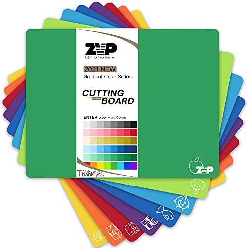 ZVP Plastic Cutting Boards for Kitchen, Flexible Cutting Mats, Colorful Chopping Boards with Food Icon, Non-Slip, Non Porous, BPA Free, Dishwasher Safe