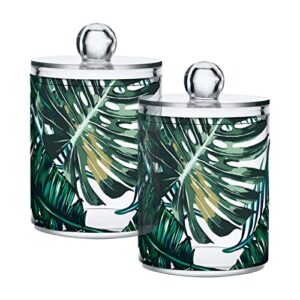 2 pack qtip holder dispenser for cotton ball palm tree tropical jungle leaf cotton swab cotton round pads clear plastic acrylic jar set bathroom canister