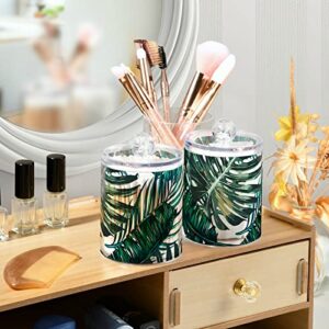 2 Pack Qtip Holder Dispenser for Cotton Ball Palm Tree Tropical Jungle Leaf Cotton Swab Cotton Round Pads Clear Plastic Acrylic Jar Set Bathroom Canister