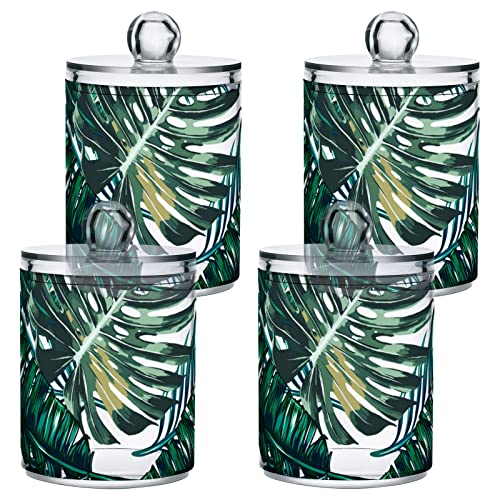 2 Pack Qtip Holder Dispenser for Cotton Ball Palm Tree Tropical Jungle Leaf Cotton Swab Cotton Round Pads Clear Plastic Acrylic Jar Set Bathroom Canister