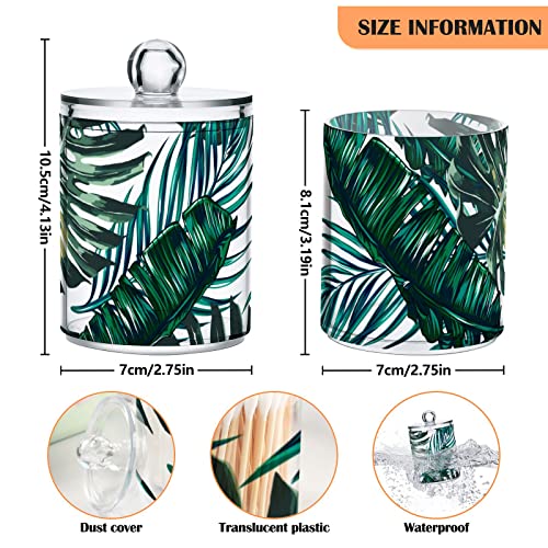 2 Pack Qtip Holder Dispenser for Cotton Ball Palm Tree Tropical Jungle Leaf Cotton Swab Cotton Round Pads Clear Plastic Acrylic Jar Set Bathroom Canister