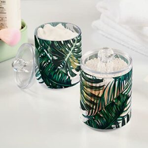 2 Pack Qtip Holder Dispenser for Cotton Ball Palm Tree Tropical Jungle Leaf Cotton Swab Cotton Round Pads Clear Plastic Acrylic Jar Set Bathroom Canister