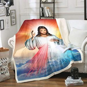 erosebridal jesus blanket throw christian easter floor throw queen size for teens adult women mary bless theme religious culture plush bed blanket blue and red lines stripe cloud fleece blanket