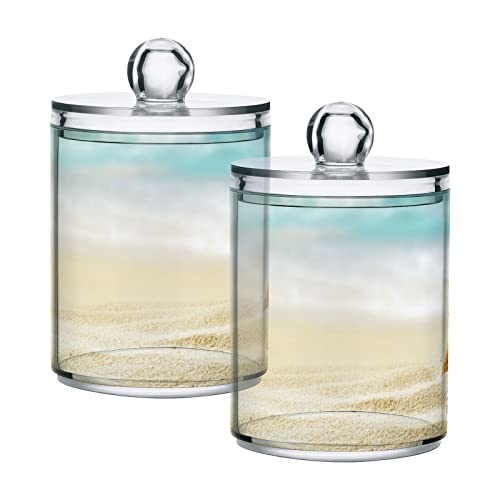 4 Pack Qtip Holder Dispenser Shell on Beach Summer Time Cotton Ball Cotton Swab Cotton Round Pads Floss Clear Bathroom Storage Containers Plastic Apothecary Jars with Lids