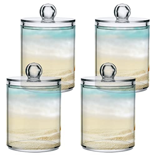 4 Pack Qtip Holder Dispenser Shell on Beach Summer Time Cotton Ball Cotton Swab Cotton Round Pads Floss Clear Bathroom Storage Containers Plastic Apothecary Jars with Lids
