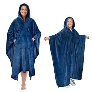 hooded poncho blanket, fleece wearable throw wrap with hood and pocket, warm cozy soft for adult women men kids, indoor or outdoor navy