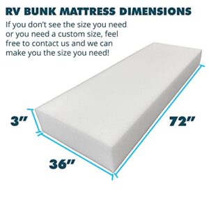 Foamma 3” x 36” x 72” Truck, Camper, RV High-Density Bunk Mattress Foam Replacement, Made in USA, Comfortable, Travel Trailer, CertiPUR-US Certified, Cover Not Included