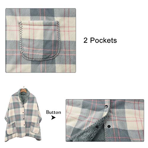 forestfish Flannel Wearable Blanket with Pockets, Cozy Soft Plaid Throws Blanket for Lap Bed Sofa Office Airplane Travel (Blue-White, 63“x19.7”)