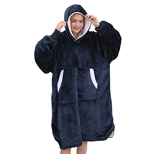 Pawque Blanket Hoodie, Oversized Wearable Blanket for Adults Women & Men, Cozy Warm Sherpa Sweatshirt with Sleeves and Giant Pocket, Super Soft Blanket Hoodie, One Big Size Fits All, Navy Blue