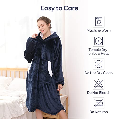 Pawque Blanket Hoodie, Oversized Wearable Blanket for Adults Women & Men, Cozy Warm Sherpa Sweatshirt with Sleeves and Giant Pocket, Super Soft Blanket Hoodie, One Big Size Fits All, Navy Blue