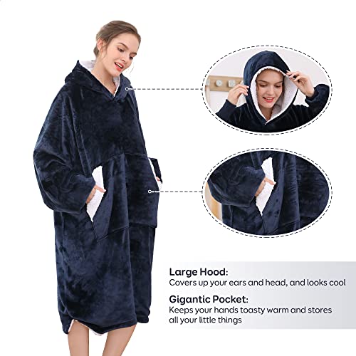 Pawque Blanket Hoodie, Oversized Wearable Blanket for Adults Women & Men, Cozy Warm Sherpa Sweatshirt with Sleeves and Giant Pocket, Super Soft Blanket Hoodie, One Big Size Fits All, Navy Blue