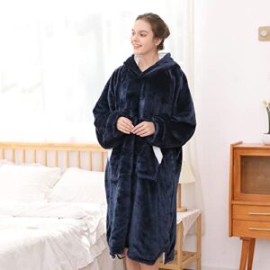 Pawque Blanket Hoodie, Oversized Wearable Blanket for Adults Women & Men, Cozy Warm Sherpa Sweatshirt with Sleeves and Giant Pocket, Super Soft Blanket Hoodie, One Big Size Fits All, Navy Blue