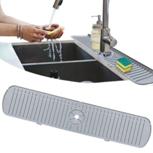 big size kitchen sink splash guard, 24in faucet mat splash catcher, handle drip catcher tray, multipurpose for kitchen dish drying mats sponge holder and bathroom countertop protect(gray)