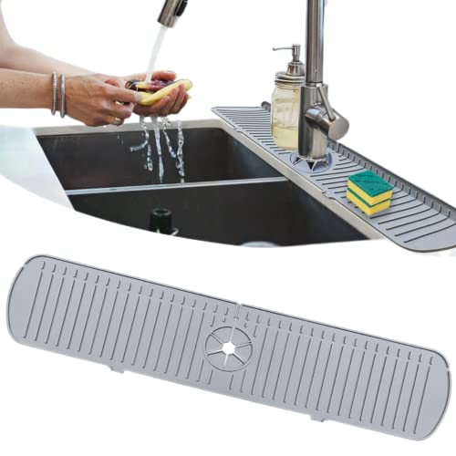 Big Size Kitchen Sink Splash Guard, 24in Faucet Mat Splash Catcher, Handle Drip Catcher Tray, Multipurpose for Kitchen Dish Drying Mats Sponge Holder and Bathroom Countertop Protect(Gray)