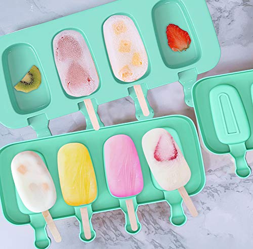 Popsicle Molds for Kids, 2 Pcs Silicone Cake Pop Mold 4 Cavities Homemade Ice Pop Molds Oval with 50 Wooden Sticks & 50 Parcel Bags & 50 Sealing Lines for DIY Ice Cream - Green