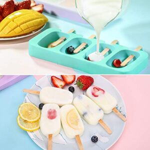 Popsicle Molds for Kids, 2 Pcs Silicone Cake Pop Mold 4 Cavities Homemade Ice Pop Molds Oval with 50 Wooden Sticks & 50 Parcel Bags & 50 Sealing Lines for DIY Ice Cream - Green