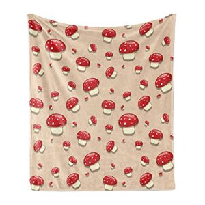 ambesonne mushroom throw blanket, woodland themed illustration of spotted toadstool summer season forest cartoon, flannel fleece accent piece soft couch cover for adults, 50" x 60", ivory red tan