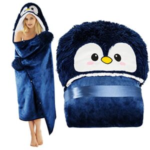penguin wearable hooded blanket for adults – super soft warm cozy plush flannel fleece & sherpa hoodie throw cloak wrap - penguin gifts for women adults girls and kids