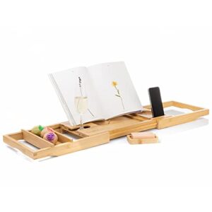 tranquilbeauty premium bath caddy | bath board with ipad, tablet, and phone stand | extendable wooden tray bath rack