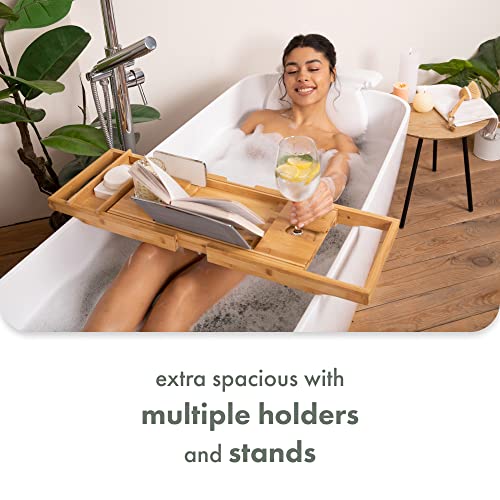 TranquilBeauty Premium Bath Caddy | Bath Board with iPad, Tablet, and Phone Stand | Extendable Wooden Tray Bath Rack