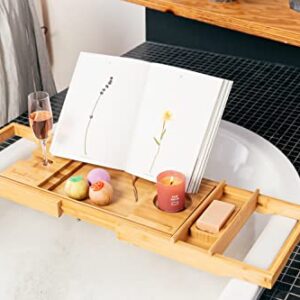 TranquilBeauty Premium Bath Caddy | Bath Board with iPad, Tablet, and Phone Stand | Extendable Wooden Tray Bath Rack