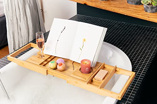 TranquilBeauty Premium Bath Caddy | Bath Board with iPad, Tablet, and Phone Stand | Extendable Wooden Tray Bath Rack