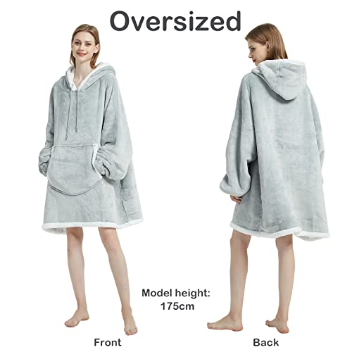 softan Blanket Hoodie, Oversized Sherpa Fleece Wearable Blanket for Women & Men, Super Warm and Cozy Plush Flannel Hooded Blanket, Sweatshirt Gift with Giant Pocket, One Size Fits All, Grey