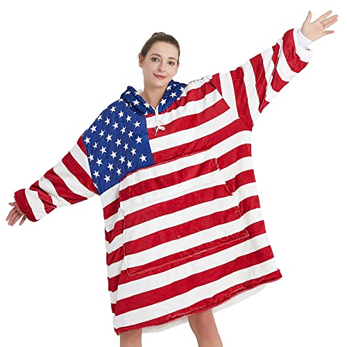 BYF American Flag Blanket Hoodie for Women Men Oversized Wearable Blanket Sweatshirt, Super Warm Sherpa Hooded Blanket for Adults Cozy Thick Flannel Blanket Hoodie with Sleeves and Giant Pocket