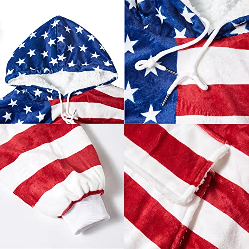 BYF American Flag Blanket Hoodie for Women Men Oversized Wearable Blanket Sweatshirt, Super Warm Sherpa Hooded Blanket for Adults Cozy Thick Flannel Blanket Hoodie with Sleeves and Giant Pocket