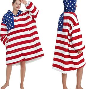 BYF American Flag Blanket Hoodie for Women Men Oversized Wearable Blanket Sweatshirt, Super Warm Sherpa Hooded Blanket for Adults Cozy Thick Flannel Blanket Hoodie with Sleeves and Giant Pocket