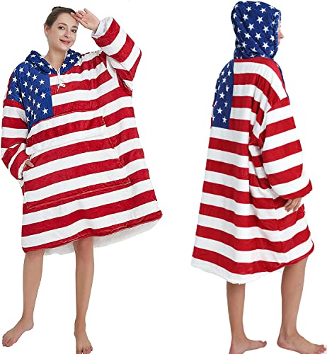 BYF American Flag Blanket Hoodie for Women Men Oversized Wearable Blanket Sweatshirt, Super Warm Sherpa Hooded Blanket for Adults Cozy Thick Flannel Blanket Hoodie with Sleeves and Giant Pocket