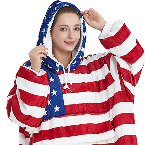 BYF American Flag Blanket Hoodie for Women Men Oversized Wearable Blanket Sweatshirt, Super Warm Sherpa Hooded Blanket for Adults Cozy Thick Flannel Blanket Hoodie with Sleeves and Giant Pocket