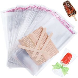 300 pieces ice lolly sticks and bags set, 200 pieces clear ice lolly plastic bags ice lolly self-adhesive plastic bags and 100 pieces ice lolly sticks, 4.49 inch, 8.27 x 3.15 inch