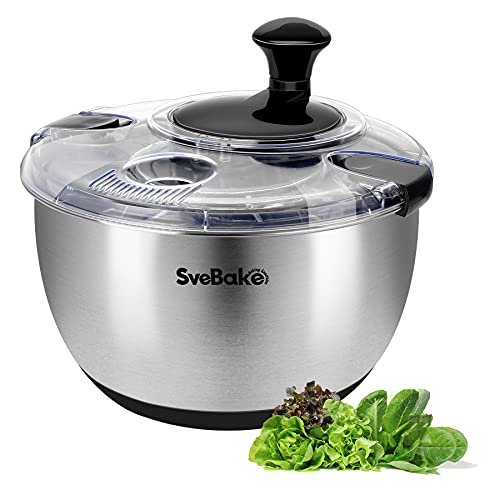 SveBake Salad Spinner Stainless Steel Large, Vegetable Washer with 4.2 Qts Bowl, Lettuce Cleaner and Dryer