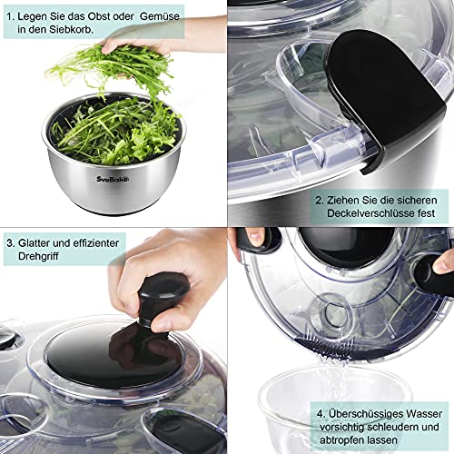 SveBake Salad Spinner Stainless Steel Large, Vegetable Washer with 4.2 Qts Bowl, Lettuce Cleaner and Dryer